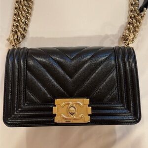 Chanel Boy Bag Black Leather Crossbody Bag with Gold Chain